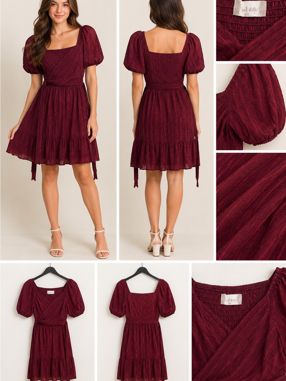 Altar'd State Burgundy Puff Sleeve Square Neck Mini Dress